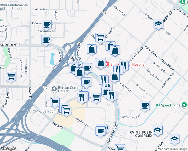 map of restaurants, bars, coffee shops, grocery stores, and more near 1360 Reynolds Avenue in Irvine