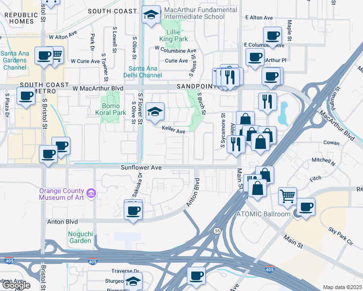 map of restaurants, bars, coffee shops, grocery stores, and more near 3805 South Ross Street in Santa Ana