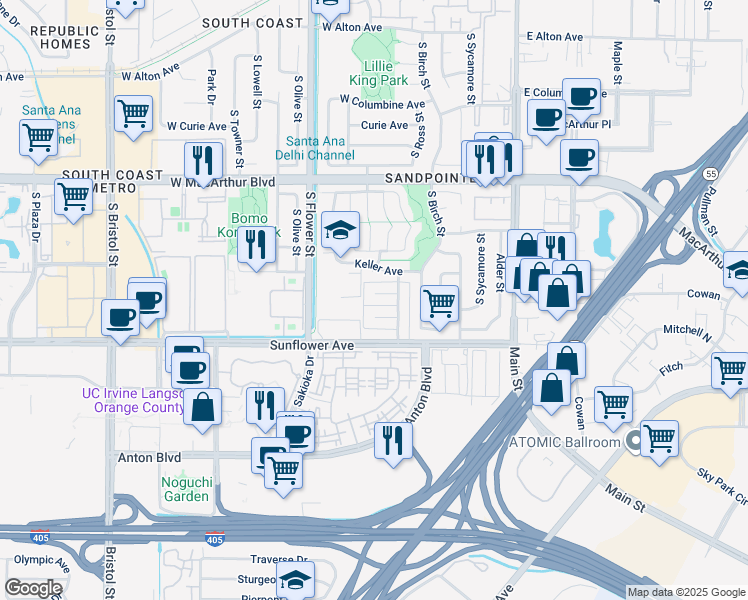 map of restaurants, bars, coffee shops, grocery stores, and more near 421 Nobel Avenue in Santa Ana
