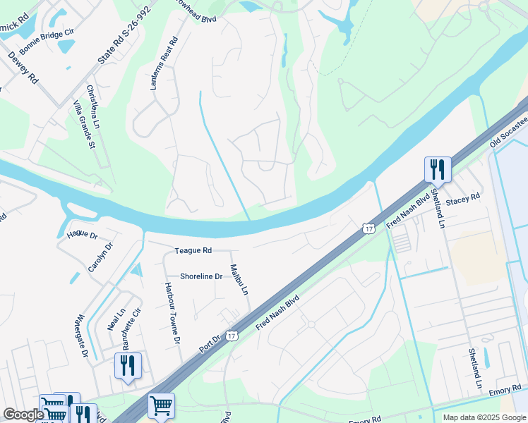 map of restaurants, bars, coffee shops, grocery stores, and more near 401 Pomo Drive in Myrtle Beach