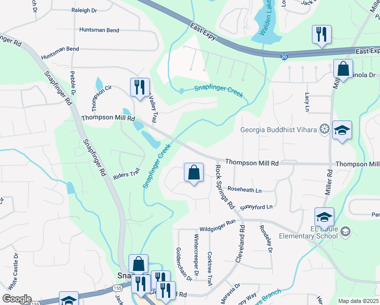 map of restaurants, bars, coffee shops, grocery stores, and more near 4695 Thompson Mill Road in Stonecrest