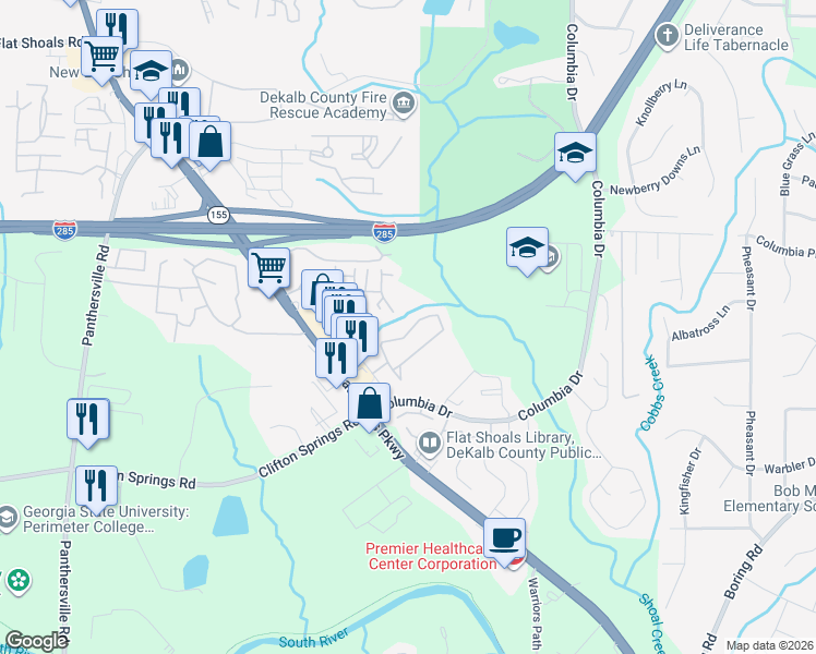 map of restaurants, bars, coffee shops, grocery stores, and more near 3800 Flat Shoals Parkway in Decatur