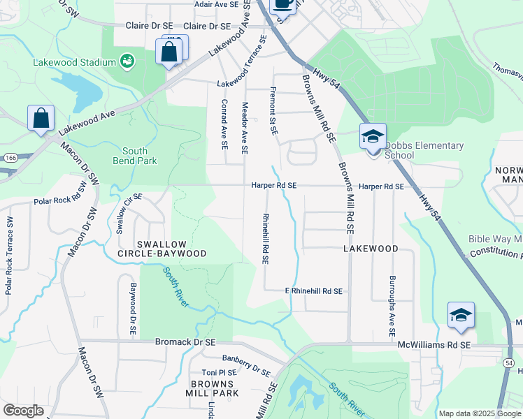 map of restaurants, bars, coffee shops, grocery stores, and more near 2143 Rhinehill Road Southeast in Atlanta