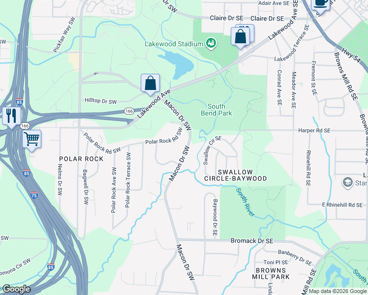 map of restaurants, bars, coffee shops, grocery stores, and more near 2141 Macon Drive Southwest in Atlanta