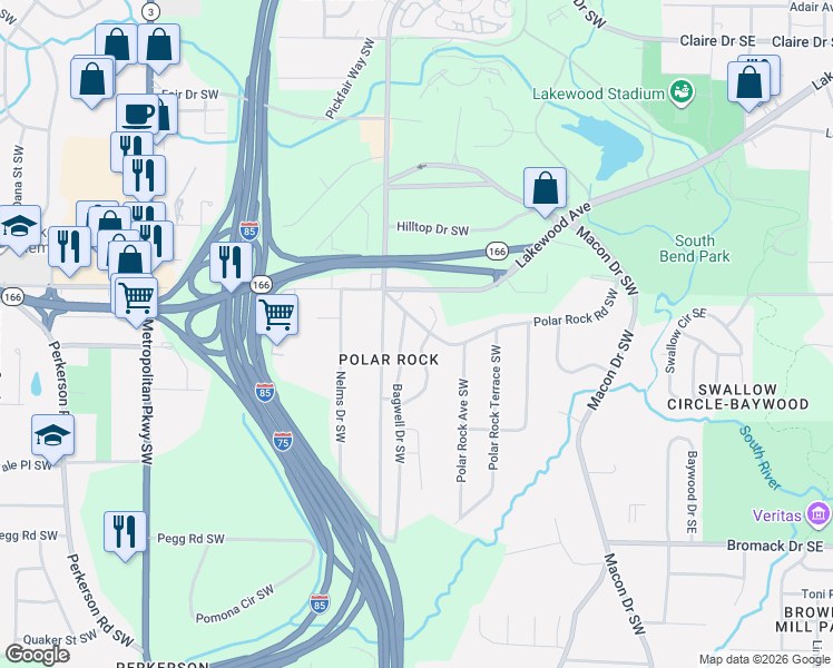 map of restaurants, bars, coffee shops, grocery stores, and more near 251 Polar Rock Road Southwest in Atlanta