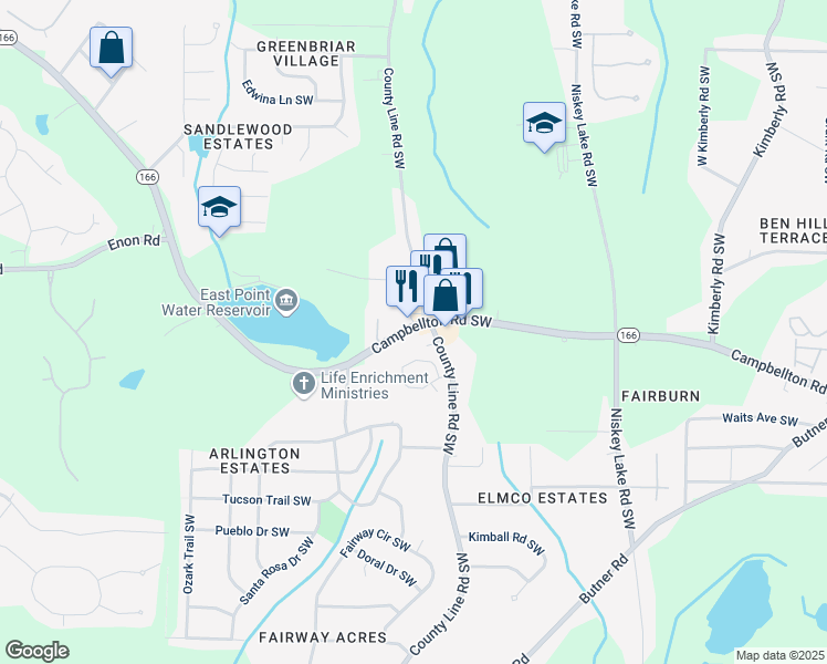map of restaurants, bars, coffee shops, grocery stores, and more near 4522 Campbellton Road Southwest in Atlanta