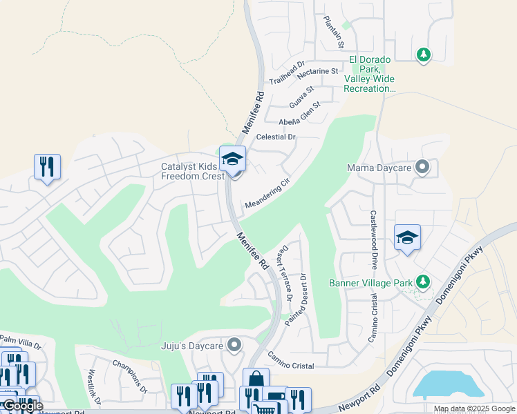 map of restaurants, bars, coffee shops, grocery stores, and more near 29276 Meandering Circle in Menifee