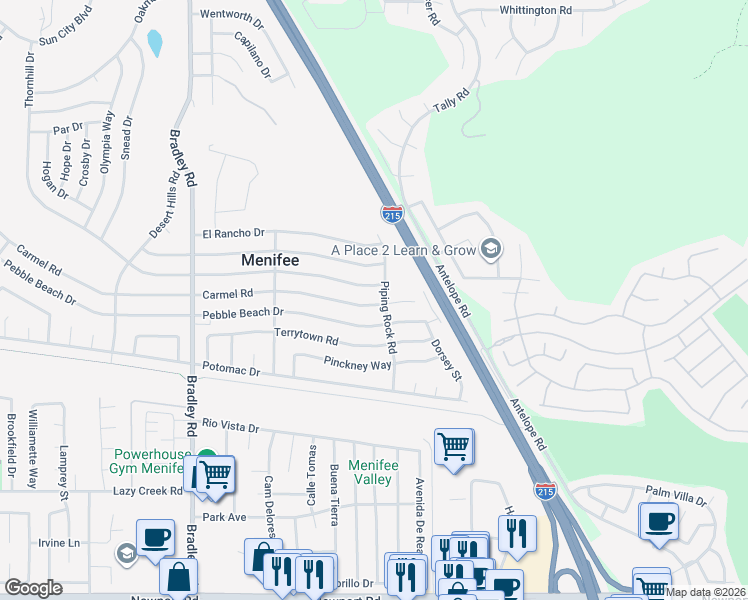 map of restaurants, bars, coffee shops, grocery stores, and more near 30160 Carmel Road in Menifee