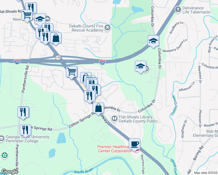 map of restaurants, bars, coffee shops, grocery stores, and more near 2802 Vining Ridge Terrace in Decatur