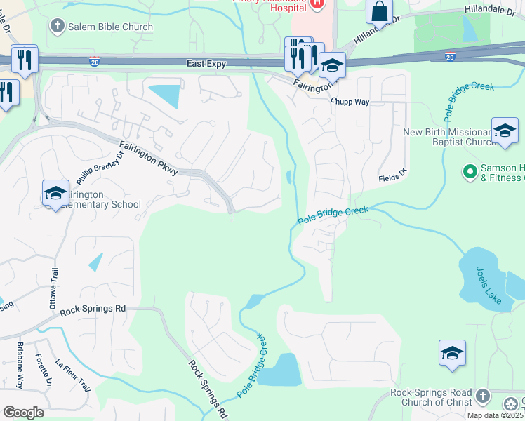 map of restaurants, bars, coffee shops, grocery stores, and more near 4301 Fairington Club Drive in Stonecrest