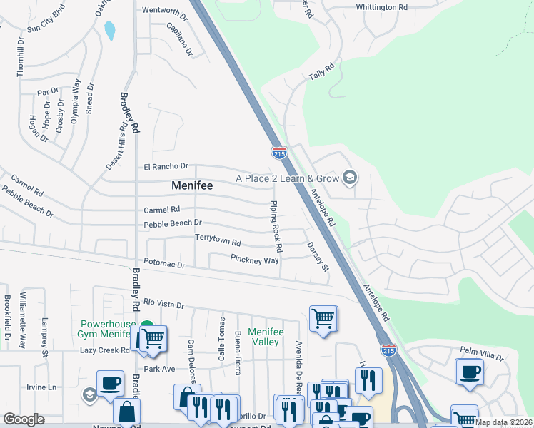 map of restaurants, bars, coffee shops, grocery stores, and more near 30160 Carmel Road in Menifee