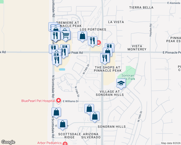 map of restaurants, bars, coffee shops, grocery stores, and more near 23118 North 74th Street in Scottsdale
