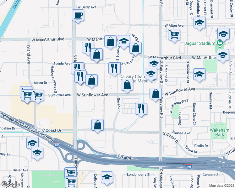 map of restaurants, bars, coffee shops, grocery stores, and more near Sunflower Ave & Susan St in Costa Mesa