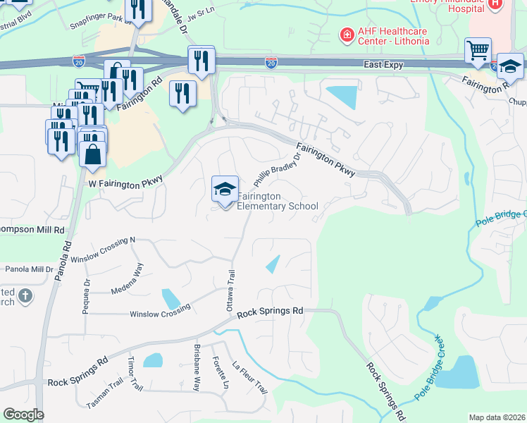 map of restaurants, bars, coffee shops, grocery stores, and more near 5587 Fair Creek Way in Stonecrest