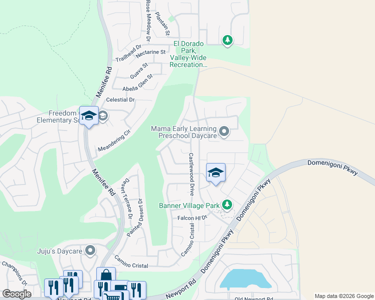 map of restaurants, bars, coffee shops, grocery stores, and more near 29242 Castlewood Drive in Menifee