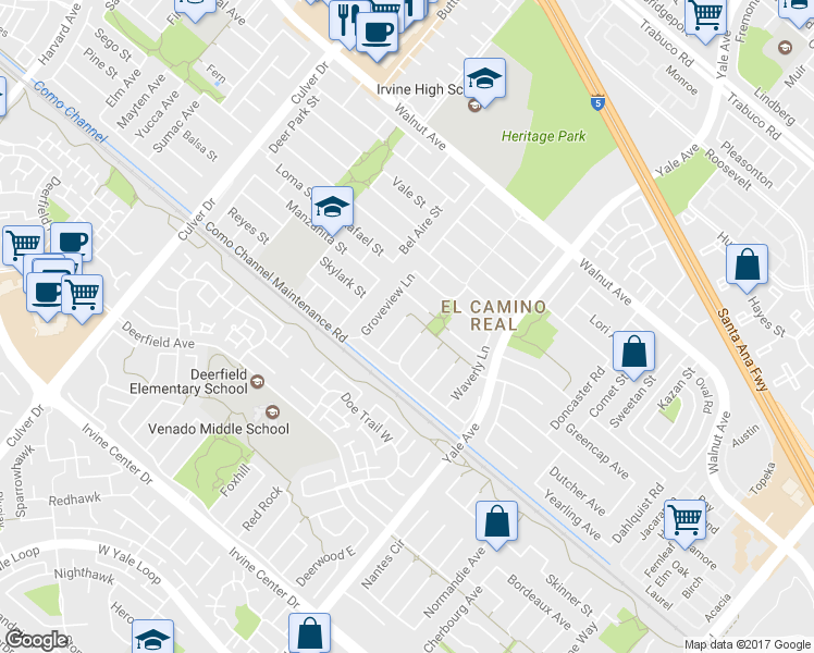 map of restaurants, bars, coffee shops, grocery stores, and more near 14872 Doheny Circle in Irvine