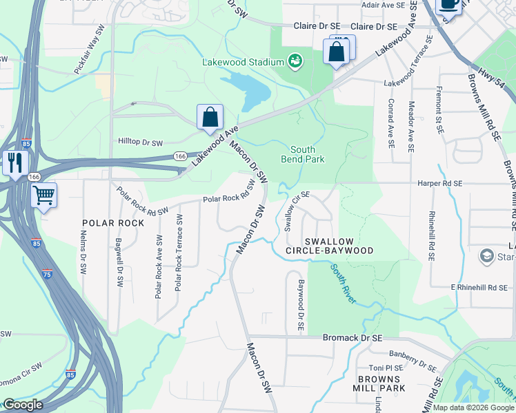 map of restaurants, bars, coffee shops, grocery stores, and more near 2141 Macon Drive Southwest in Atlanta