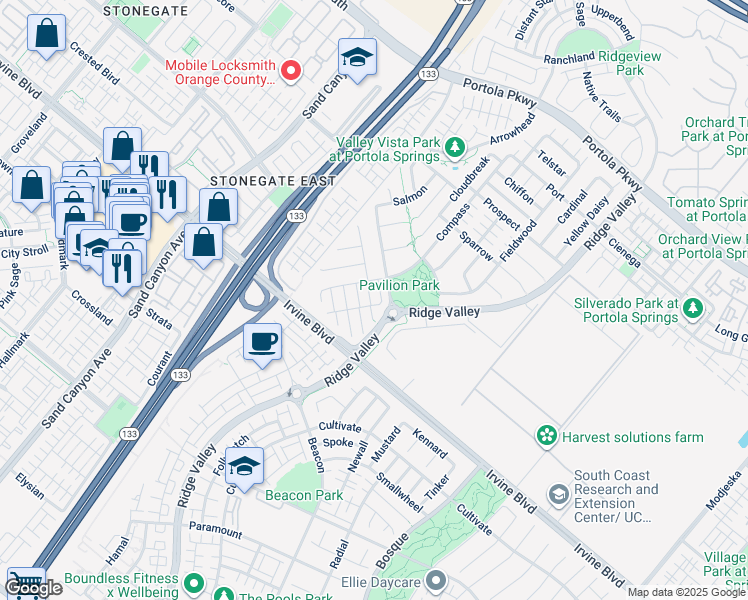 map of restaurants, bars, coffee shops, grocery stores, and more near 211 Wicker in Irvine