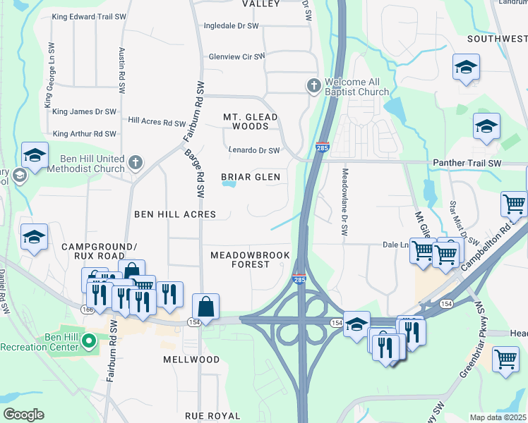 map of restaurants, bars, coffee shops, grocery stores, and more near 2132 Briar Glen Lane Southwest in Atlanta