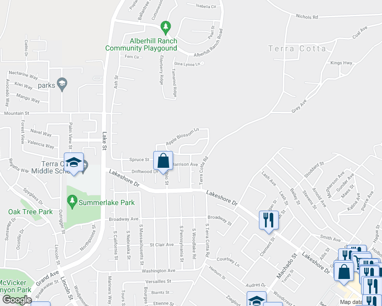 map of restaurants, bars, coffee shops, grocery stores, and more near 3508 Cherry Blossom Lane in Lake Elsinore