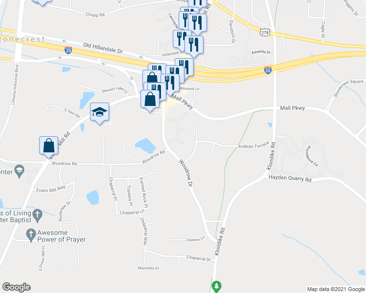 map of restaurants, bars, coffee shops, grocery stores, and more near 6687 Evans Trce in Stonecrest