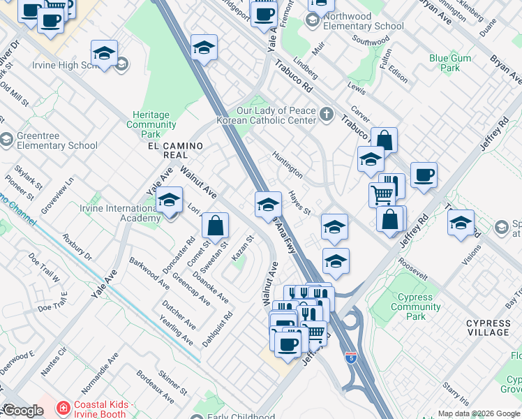 map of restaurants, bars, coffee shops, grocery stores, and more near 4 Raleigh in Irvine
