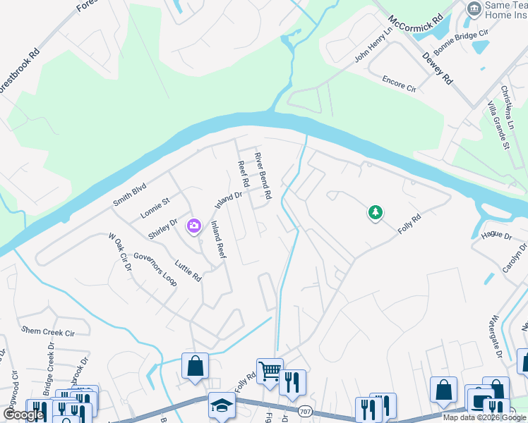 map of restaurants, bars, coffee shops, grocery stores, and more near 619 Reef Road in Myrtle Beach