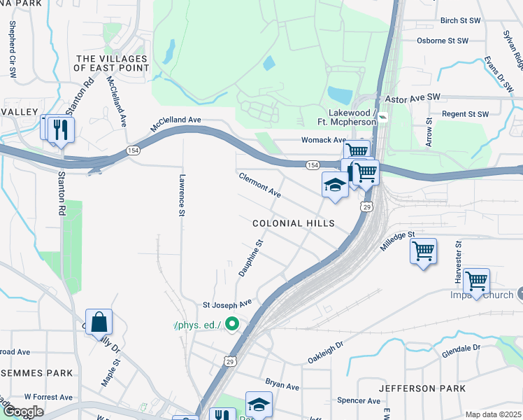map of restaurants, bars, coffee shops, grocery stores, and more near 1450 Elizabeth Lane in East Point