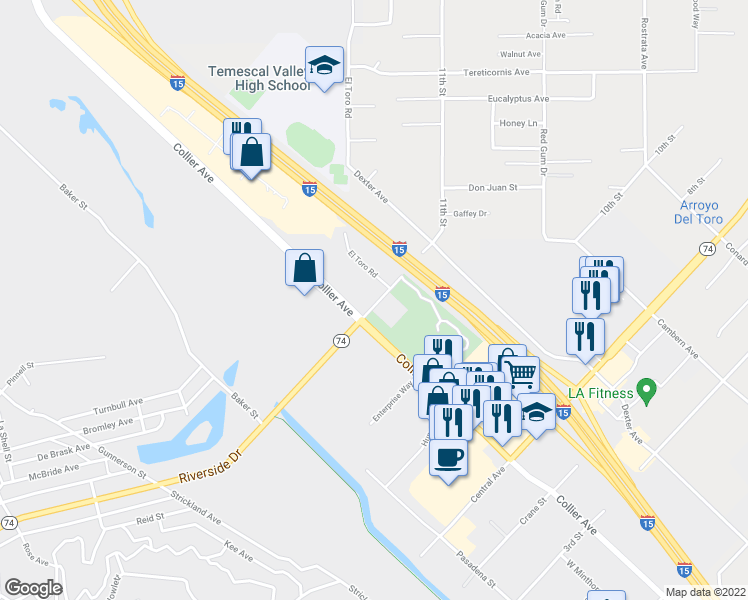 map of restaurants, bars, coffee shops, grocery stores, and more near 29151 Riverside Drive in Lake Elsinore