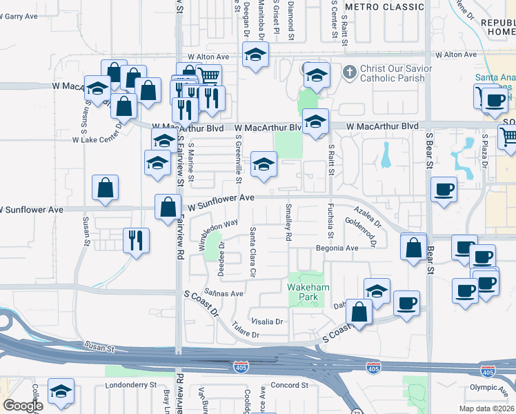 map of restaurants, bars, coffee shops, grocery stores, and more near 3486 Santa Clara Circle in Costa Mesa