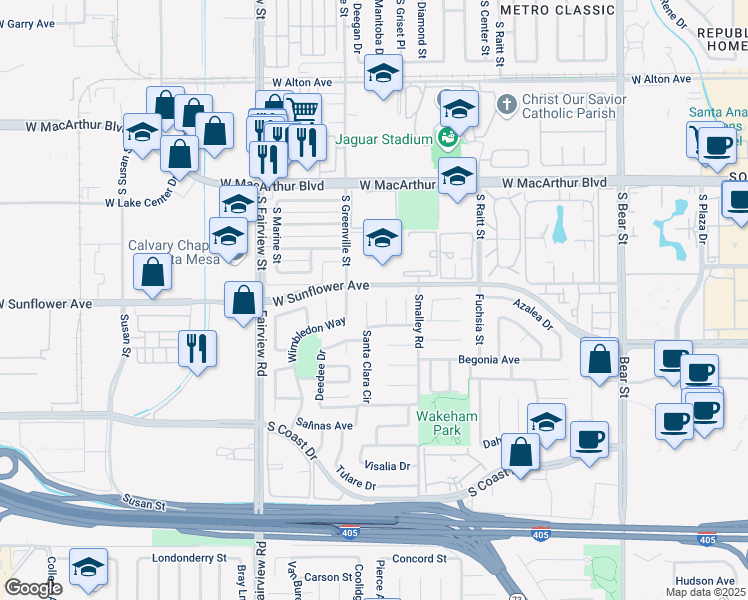 map of restaurants, bars, coffee shops, grocery stores, and more near 3486 Santa Clara Circle in Costa Mesa