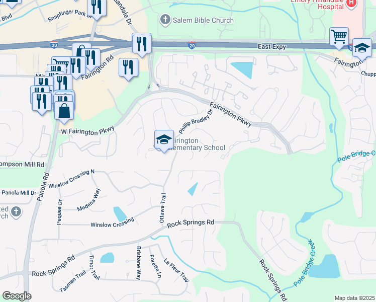 map of restaurants, bars, coffee shops, grocery stores, and more near 5587 Fair Creek Way in Stonecrest