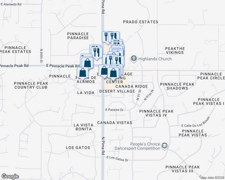map of restaurants, bars, coffee shops, grocery stores, and more near 8848 East Conquistadores Drive in Scottsdale