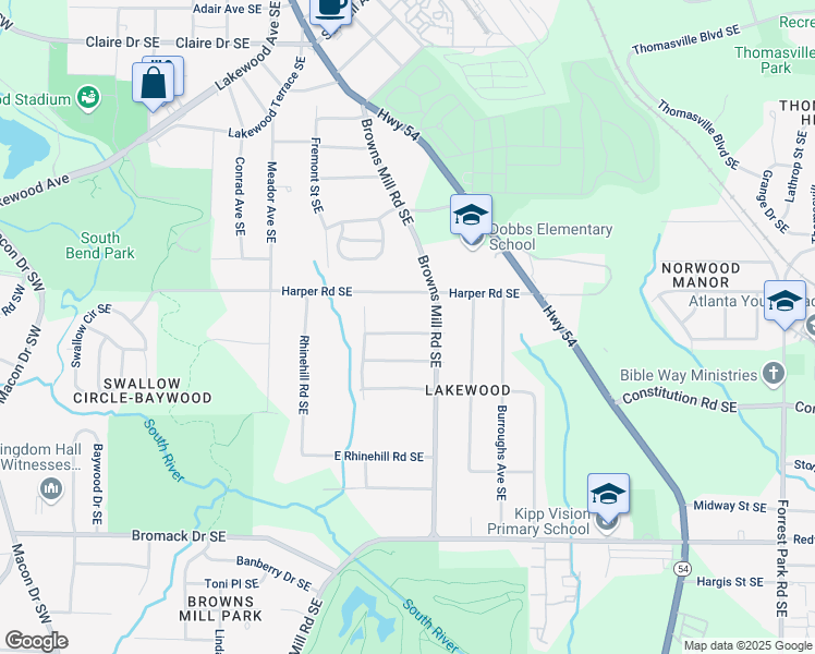 map of restaurants, bars, coffee shops, grocery stores, and more near 434 Thaxton Drive Southeast in Atlanta