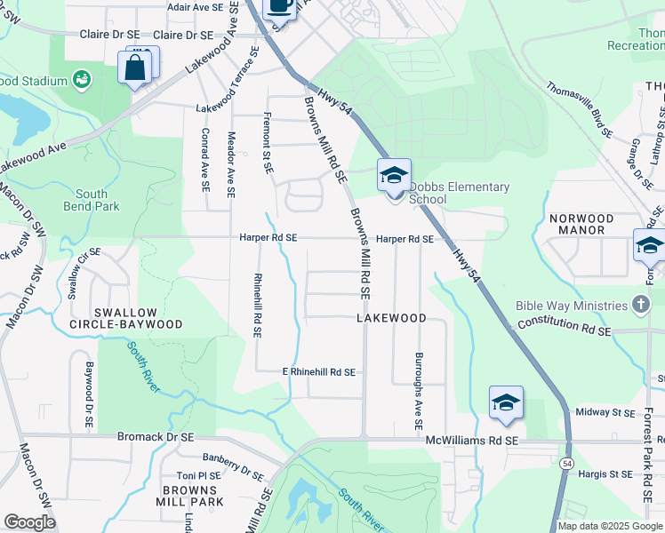 map of restaurants, bars, coffee shops, grocery stores, and more near 418 Thaxton Drive Southeast in Atlanta