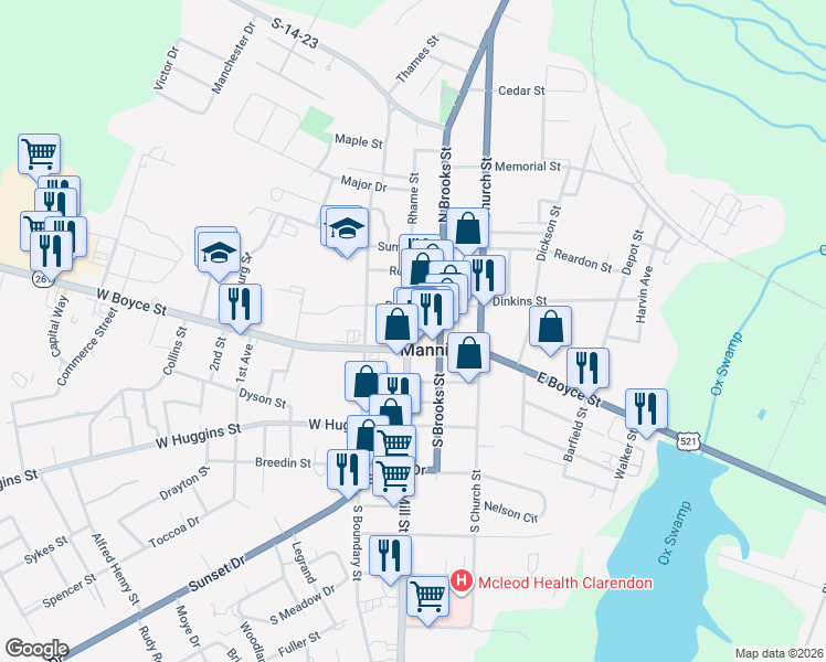 map of restaurants, bars, coffee shops, grocery stores, and more near 1-99 West Boyce Street in Manning