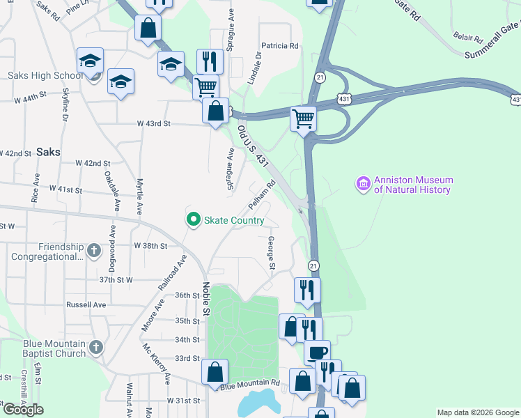 map of restaurants, bars, coffee shops, grocery stores, and more near 3910 Mcclellan Drive in Anniston