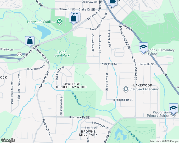 map of restaurants, bars, coffee shops, grocery stores, and more near 100 Schell Road Southeast in Atlanta