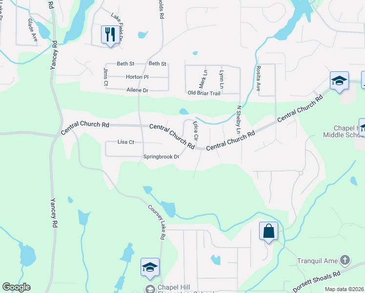 map of restaurants, bars, coffee shops, grocery stores, and more near 4885 Central Church Road in Douglasville