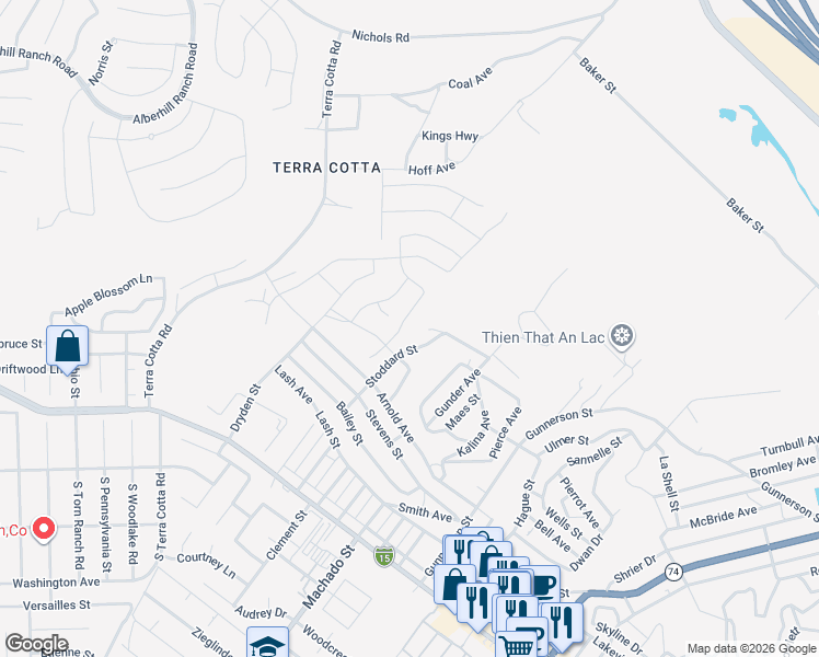 map of restaurants, bars, coffee shops, grocery stores, and more near 862 Dryden Street in Lake Elsinore