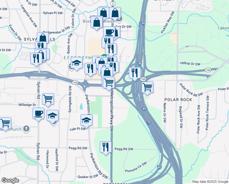 map of restaurants, bars, coffee shops, grocery stores, and more near 2150 Metropolitan Parkway Southwest in Atlanta