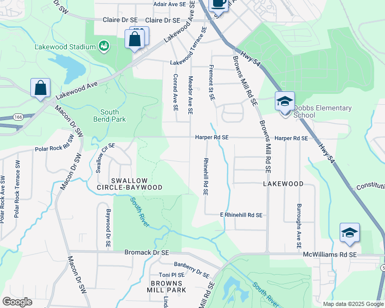 map of restaurants, bars, coffee shops, grocery stores, and more near 2140 Meador Avenue Southeast in Atlanta