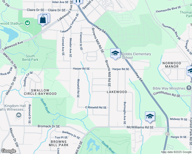 map of restaurants, bars, coffee shops, grocery stores, and more near 396 Thaxton Drive Southeast in Atlanta
