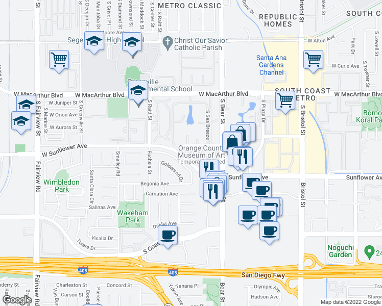 map of restaurants, bars, coffee shops, grocery stores, and more near 930 Hollow Brook Lane in Costa Mesa