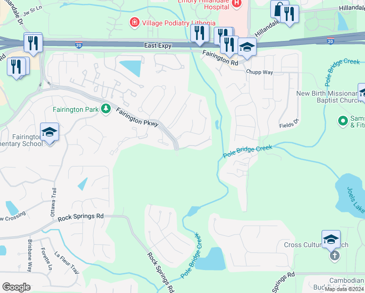 map of restaurants, bars, coffee shops, grocery stores, and more near 1301 Fairington Club Drive in Stonecrest