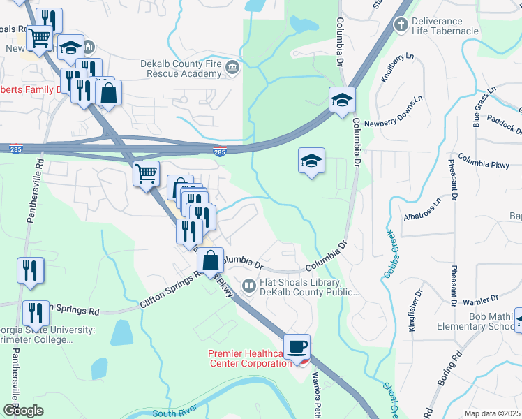 map of restaurants, bars, coffee shops, grocery stores, and more near 2864 Vining Ridge Terrace in Decatur