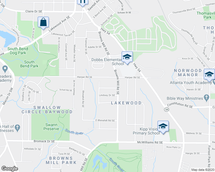 map of restaurants, bars, coffee shops, grocery stores, and more near 434 Thaxton Drive Southeast in Atlanta