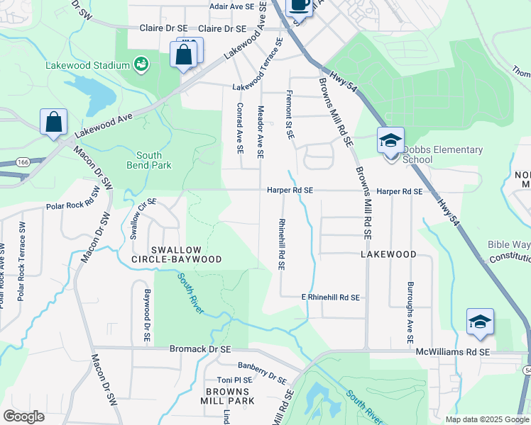 map of restaurants, bars, coffee shops, grocery stores, and more near 2140 Meador Avenue Southeast in Atlanta
