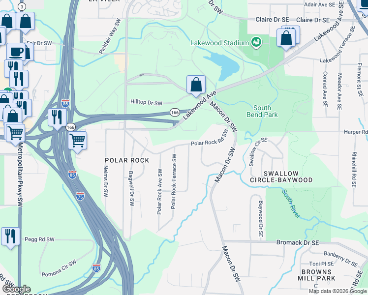 map of restaurants, bars, coffee shops, grocery stores, and more near 189 Polar Rock Road Southwest in Atlanta