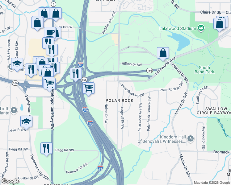 map of restaurants, bars, coffee shops, grocery stores, and more near 2151 Pryor Road Southwest in Atlanta